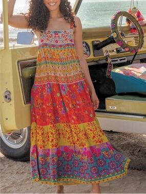 NATURAL LIFE Patricia Maxi Boho Dress Red Multi Floral Size S